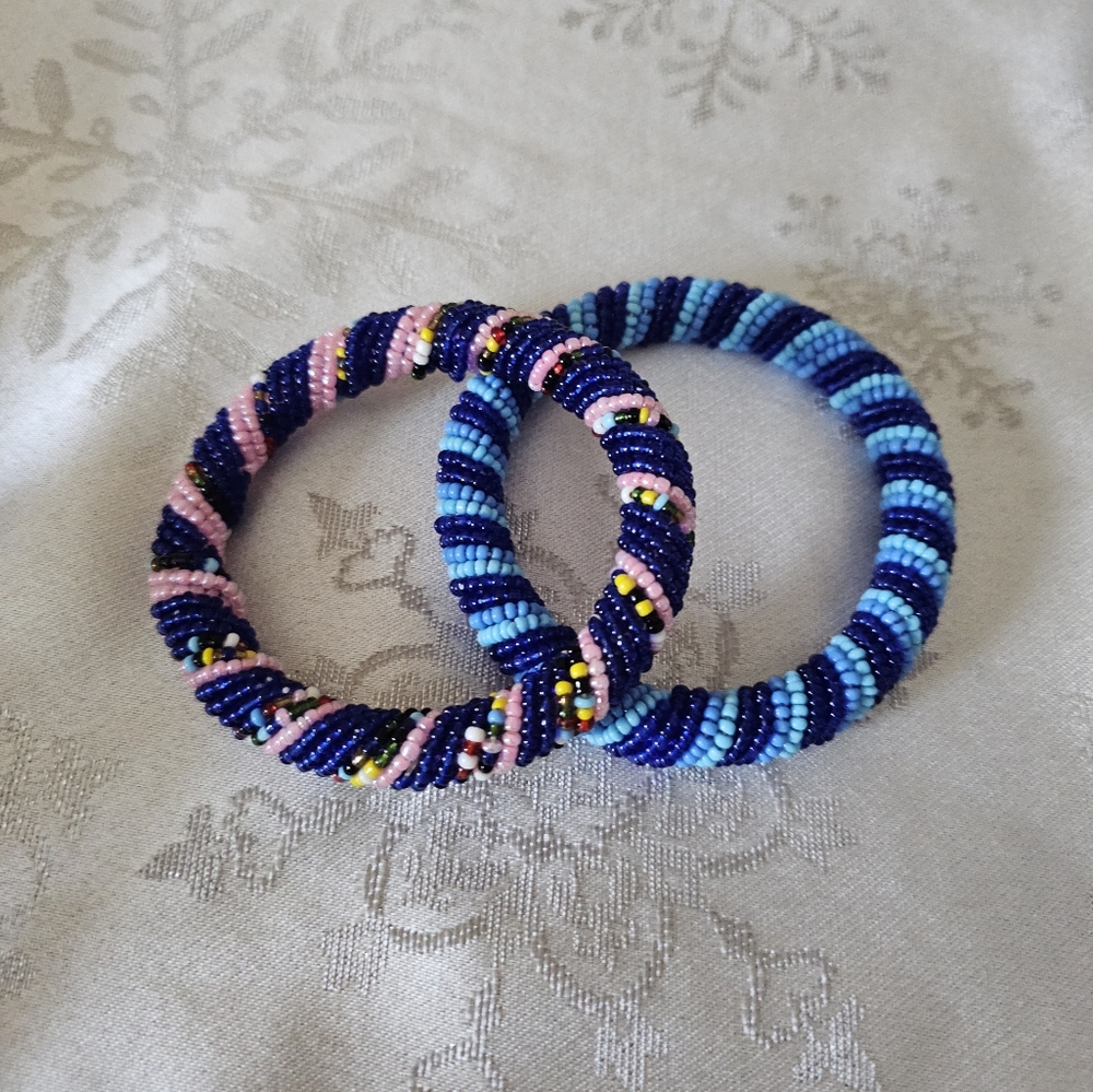 AFRICAN Maasai Beaded Bangles  Bracelet Blue & Pink Spiral-Wrapped Set of 2 NWOT